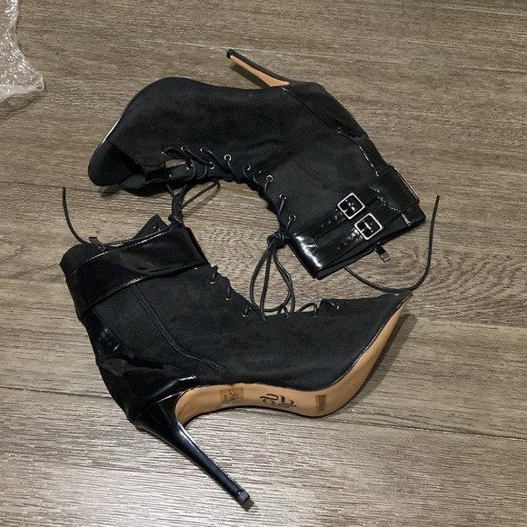 NWT BURJU Under The Influence Open Toe Lace Up Buckle Ankle Boots | Black | 13 - Picture 3 of 9